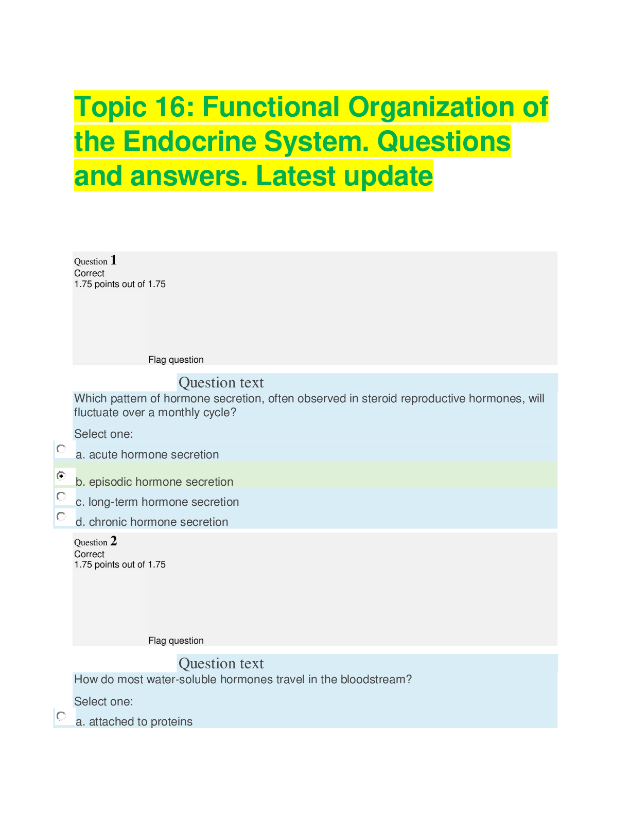 Preview image for Topic 16: Functional Organization of the Endocrine System. Questions and answers. Latest update